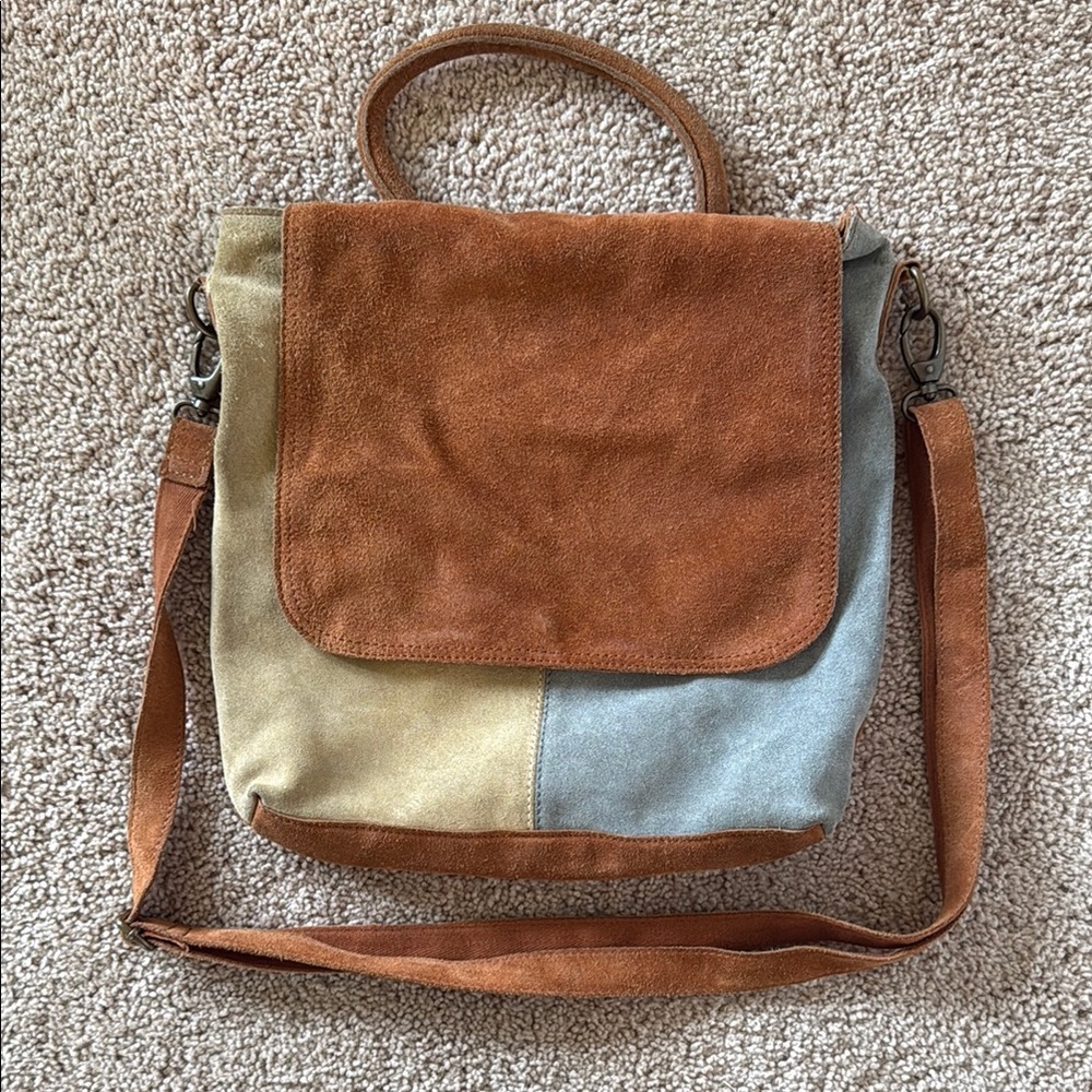 Free People Suede Patchwork Crossbody Backpack in Rust, Mustard & Sage - Picture 4 of 11
